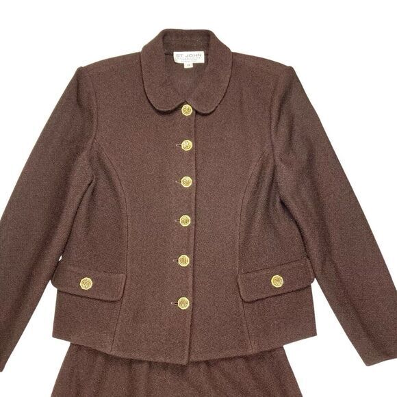 St. John 2 Pc Skirt Jacket Set Women 12 Brown Gold Button Luxury Elegant Dressy - Picture 2 of 15